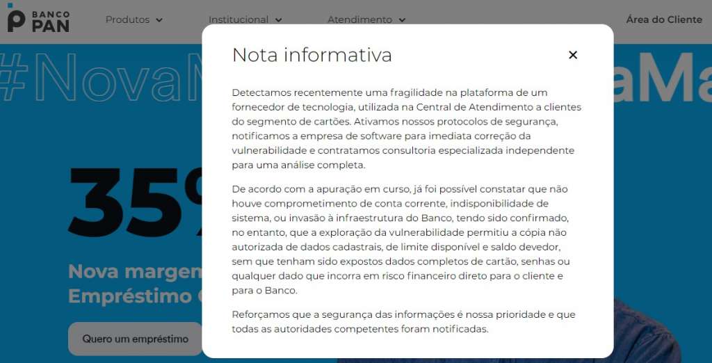 Banco Pan confirma vazamento de dados de clientes