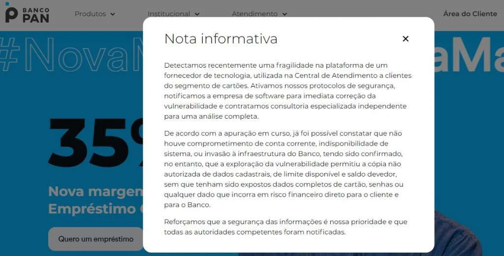 Banco Pan confirma vazamento de dados de clientes